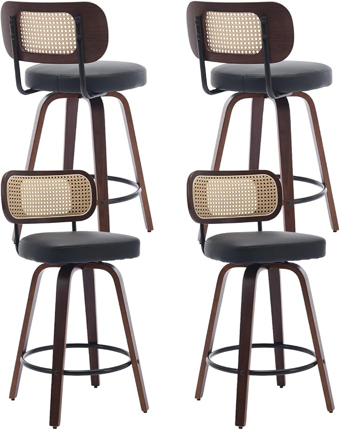 Swivel Counter Height Bar Stools Set of 4, 26 inch Bar Chairs with Curved Rattan Back, Upholstered PU Leather, Walnut Craftsmanship, Mid Century Modern Counter Stools for Kitchen Counter, Black