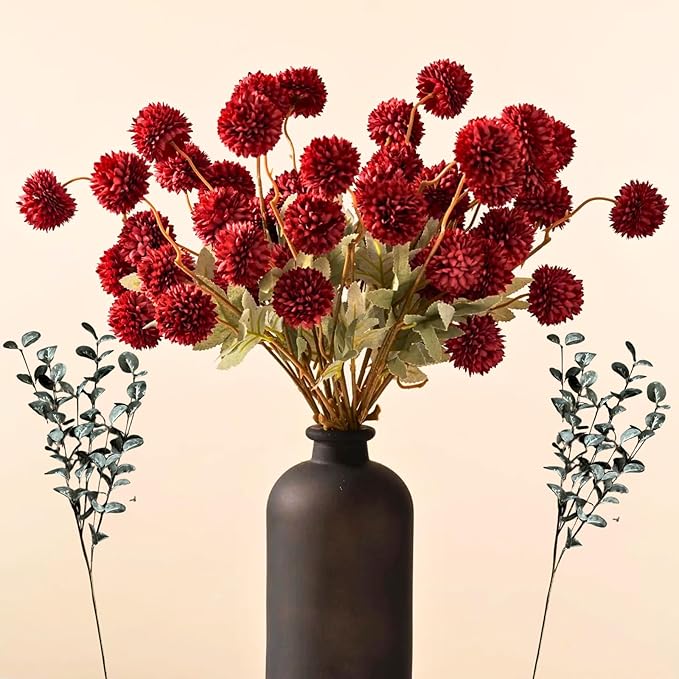 RyddeligHome Burgundy Flowers Artificial 10 Long Stems + Eucalyptus, Thanksgiving Centerpieces for Tables, Wine Colored Silk Flowers for Burgundy Decor, Fall Table Centerpieces, Dark Red Faux Mums