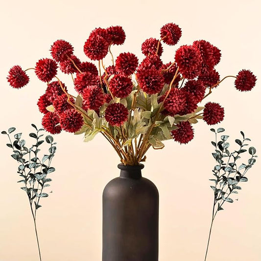 RyddeligHome Burgundy Flowers Artificial 10 Long Stems + Eucalyptus, Thanksgiving Centerpieces for Tables, Wine Colored Silk Flowers for Burgundy Decor, Fall Table Centerpieces, Dark Red Faux Mums