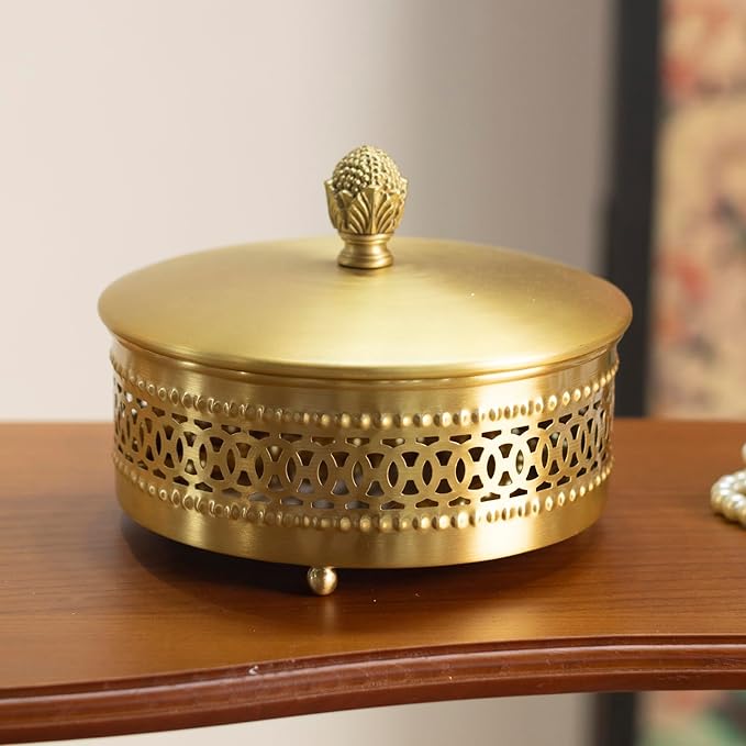 Gold Brass Decorative Boxes With Strawberry shape Handles, Jewelry Boxes Modern Storage Boxes，Round Hammered Metal Container, Brass Finish