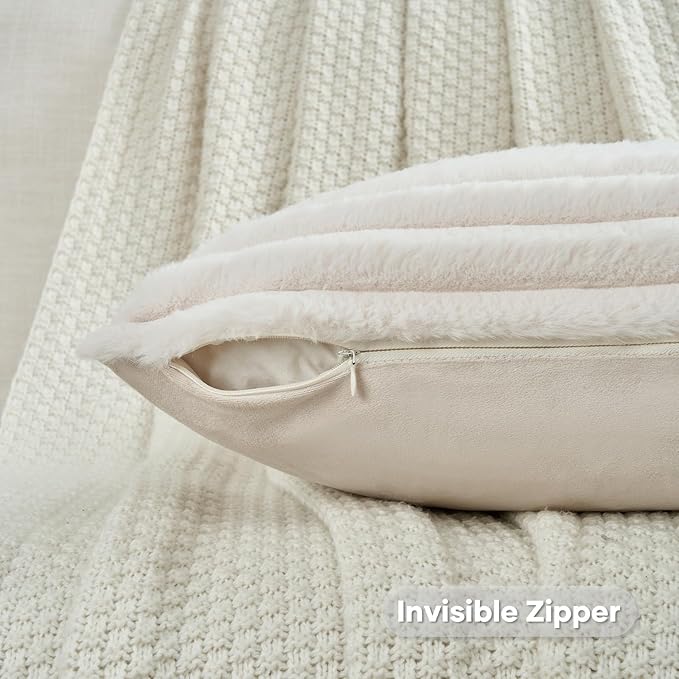 FUTEI Beige Striped Decorative Throw Pillow Covers 16x16 Inch Set of 2,Square Spring Decorations Couch Pillow Case,Soft Cozy Faux Rabbit Fur & Velvet Back,Modern Home Decor for Bed