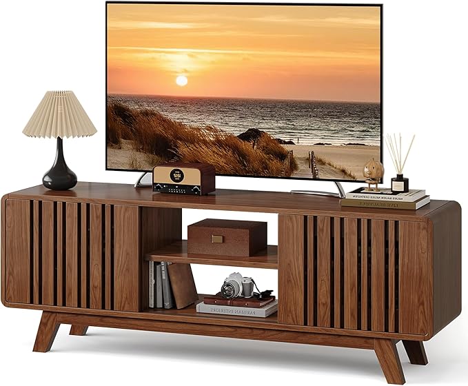 Mid-Century Modern Television Stand for 55/65/70 inch TV, 63” TV Stand with Power Outlet for Living Room, Entertainment Center with Sliding Grille Door Cabinets and Open Shelves, for Bedroom, Walnut