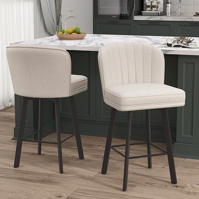 Swivel Counter Height Bar Stools Set of 2, 26'' Modern Barstools with Backs and Metal Legs, Upholstered Bar Chairs, Beige, Fabric Stools for Kitchen Island Chairs