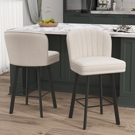 Swivel Counter Height Bar Stools Set of 2, 26'' Modern Barstools with Backs and Metal Legs, Upholstered Bar Chairs, Beige, Fabric Stools for Kitchen Island Chairs