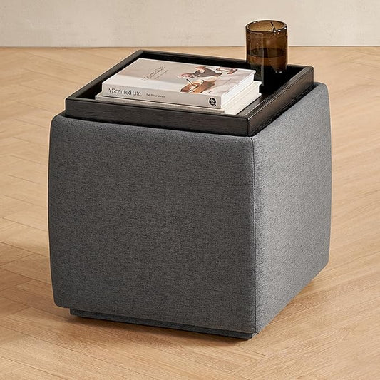 mopio Levi Storage Ottoman with Reversible Tray, Modern Square Chest Coffee Table, Upholstered Cube Sitting Foot Stools Ottoman for Living Room, Bedroom, Entryway (Fabric, Dark Gray)