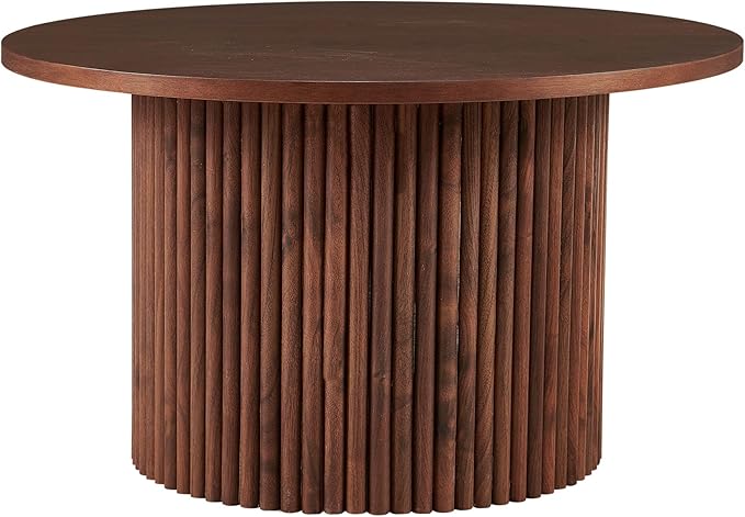 27.5'' Round Dining Table for 4, Modern Wood Farmhouse Kitchen Circle Table with Sturdy Cylindrical Pedastal, Dinner Tables for Dining Room, Living Room Walnut