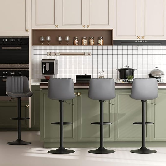JAMFLY Bar Stools Set of 4, Swivel Bar Height Chairs Set of 4, Adjustable Tall Leather Bar Stools for Kitchen Island, Grey