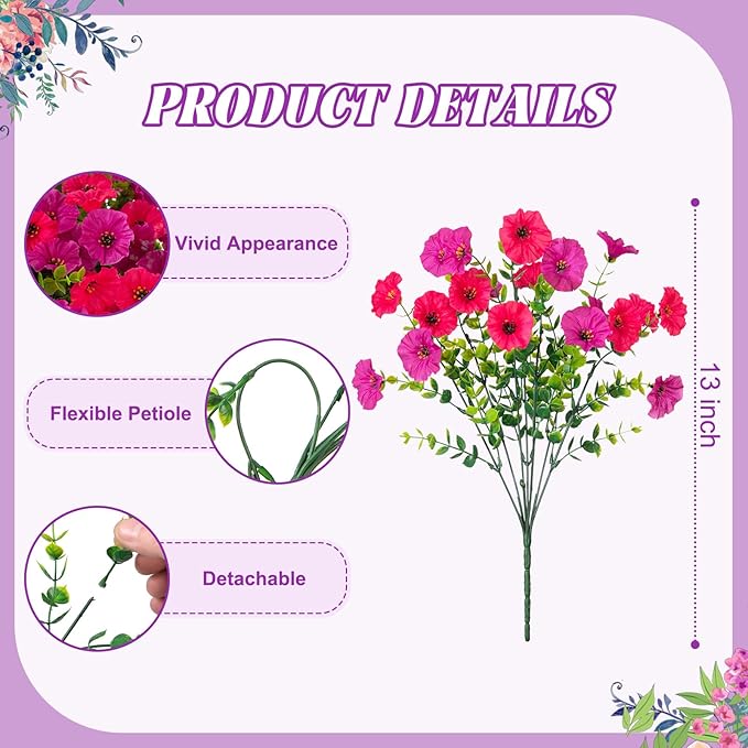 Artificial Flowers for Outdoors, 10 Bundles Fake Plastic Flower Plant, Faux Colorful Silk Morning Glory Eucalyptus for Spring Summer Outside Garden Porch Front Door Decor, Rose Purple