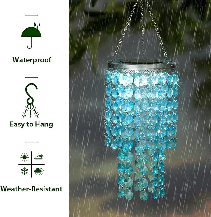 Hanging Solar Lantern Outdoor, 2 Tiers 21” Solar Blue Acrylic Beaded Chandelier with Cool White LED S Hooks for Garden Yard Patio Gazebo Outside Decor