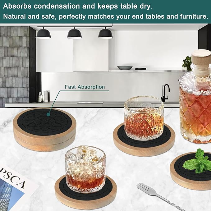 Wood Coasters for Drinks, Minacun Absorbent Coaster Sets of 5, Drinks Coasters for Coffee Tabletop Protection, Non-Slip, Non-Stick, Suitable for Kinds of Cups Wooden Table Drink, 4.3 Inches Black
