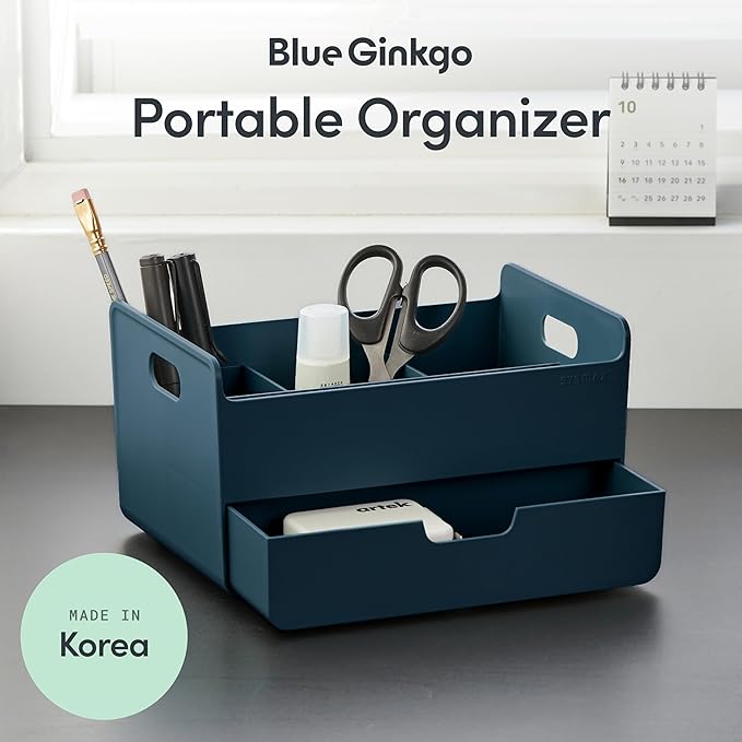 BLUE GINKGO Portable Desk Organizer – Compact 3 Compartment, Half-drawer Storage – Pen Holder, Stationery Desktop Organizer for Office, Makeup, Crafts (Made in Korea, Blue)