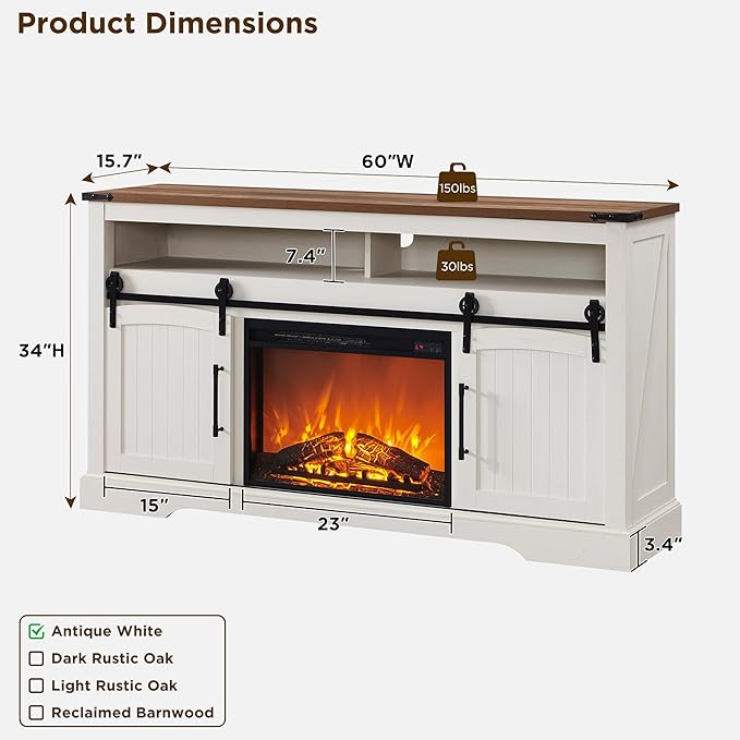 OKD Farmhouse Fireplace TV Stand for 70 Inch TV, 33" Tall Highboy Entertainment Center w/Electric Fireplace, Rustic Media Console w/Sliding Arched Door for Living Room,Antique White