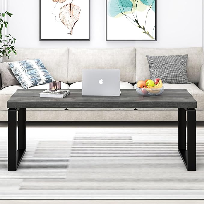EXCEFUR Modern Coffee Table, Rustic Wood and Metal Center Table for Living Room, Industrial Rectangle Cocktail Tea Table for Home Office, Vintage Grey, 47 Inch