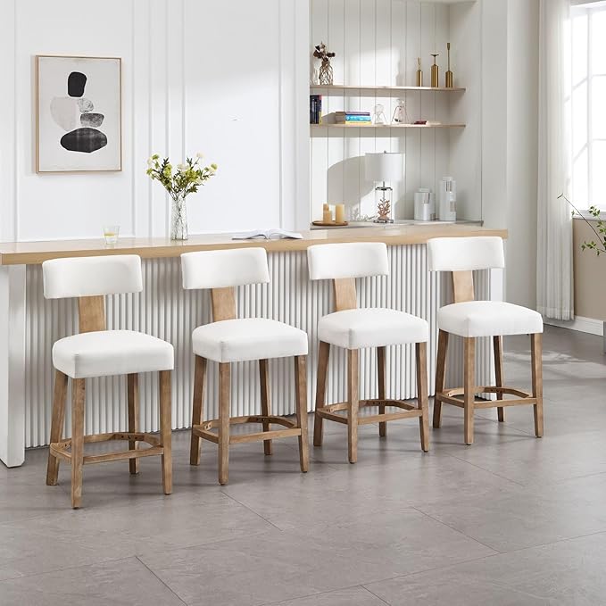 Linen Bar Stools Set of 4, Upholstered 27.7'' Counter Height Barstools with Curved Back, Farmhouse Wood Bar Chairs for Breakfast, Kitchen Island, Cafe, Cream