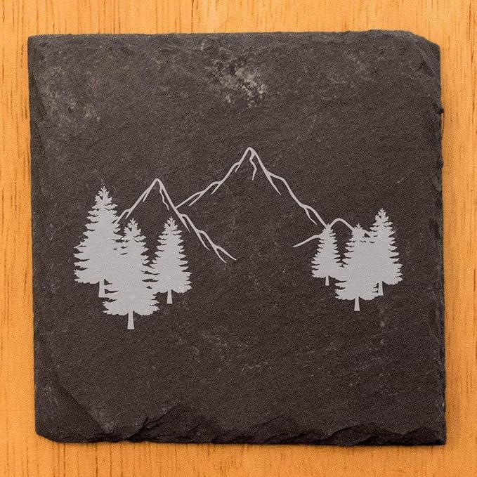 Mountain Majesty Slate Coasters with Stunning Mountain Scene Design - Perfect for Home and Office Decor and Protection of Surfaces, Available in Square or Round Coasters - Square Slate - Set of 5