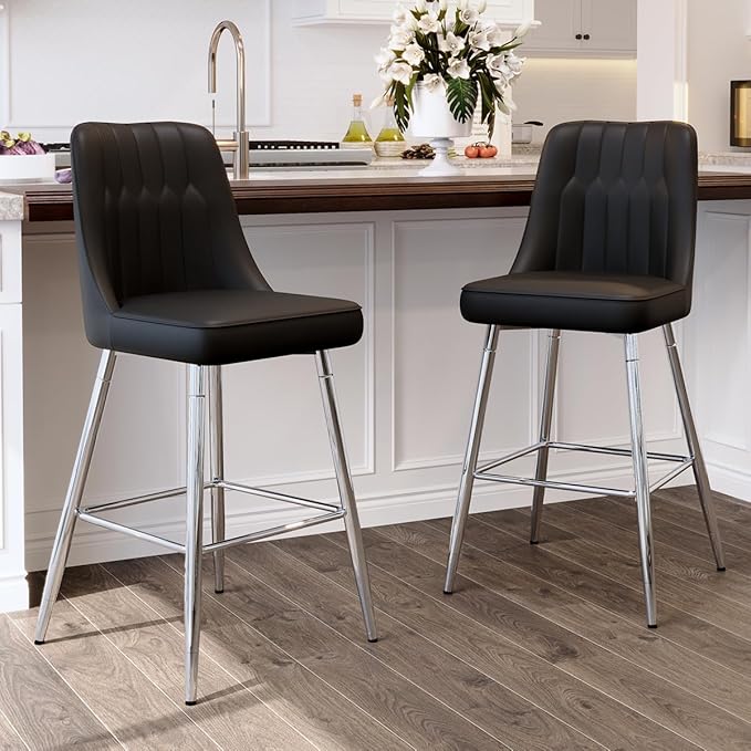 Bar Stools Set of 2,Counter Height Bar Stools with Back,Modern Faux Leather Kitchen Stools,27"Black Barstools with Stable Metal Leg,Armless Counter Height Chair for Kitchen Island,Coffee Corner
