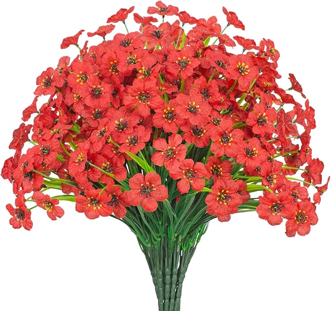 Outdoor Artificial Flowers 21 UV Resistant Bundles Fake Flower Plastic Plants Faux Silk Flowers Porch Hanging Garden Porch Window Box Decorating (Red)