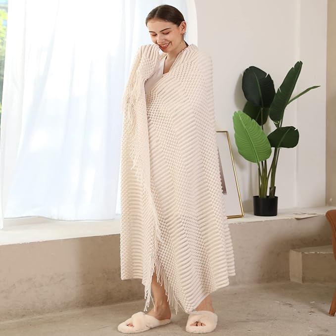 Blagic Knitted Throw Blanket for Couch Soft Farmhouse Boho Throw Blanket with Tassels Home Decorative Lightweight Throw Blankets,White Throws for Bed/Chair/Sofa, Pineapple Textured,60" W x 80" L