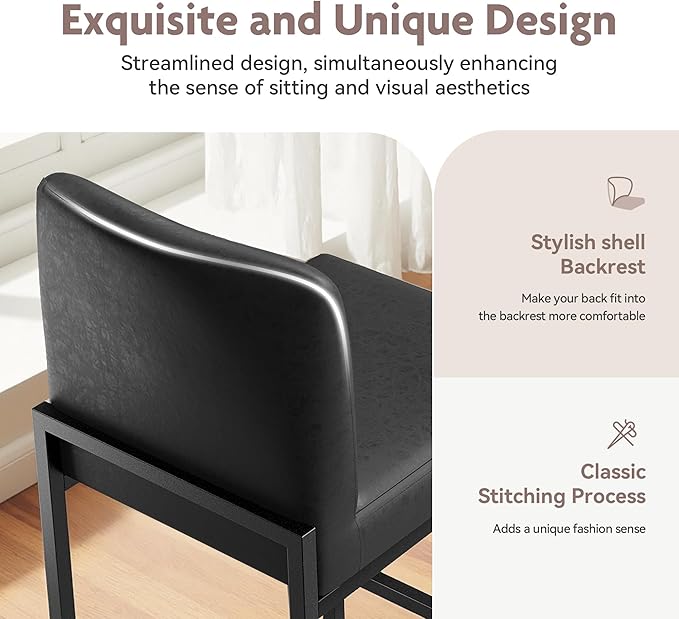 ALPHA HOME Counter Height Bar Stools, 24” Kitchen Counter Stools Set of 1, Pu Leather Kitchen Modern Bar Chairs with Back&Footrest, Sturdy Chromed Metal Steel Frame, Black