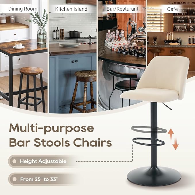 COLAMY Bar Stools Set of 4, Modern Swivel Bar Chairs, Adjustable Upholstered Barstools Counter Height with Full Backrest for Bar, Dining Room, Kitchen Island, Beige