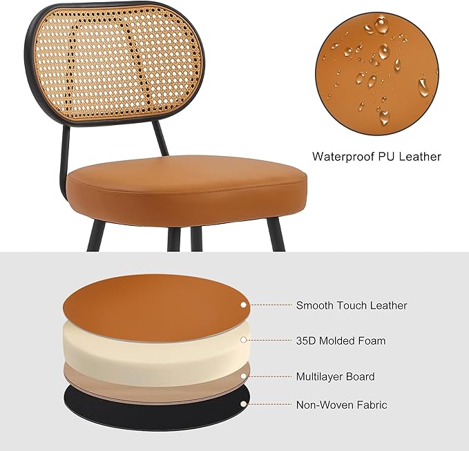 BFZ Counter Height Bar Stools Set of 2, 26" Seat Height Barstools with Rattan Back and Metal Legs, Upholstered Faux Leather Bar Chairs for Kitchen Island, Home Bar, Brown