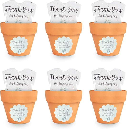 Set of 6 Seed Paper – 6 Green Onesie & 6 Orange Pots with Stickers for Baby Shower, Gender Reveal, Birthday, Mother's Day & Other Milestone Celebrations