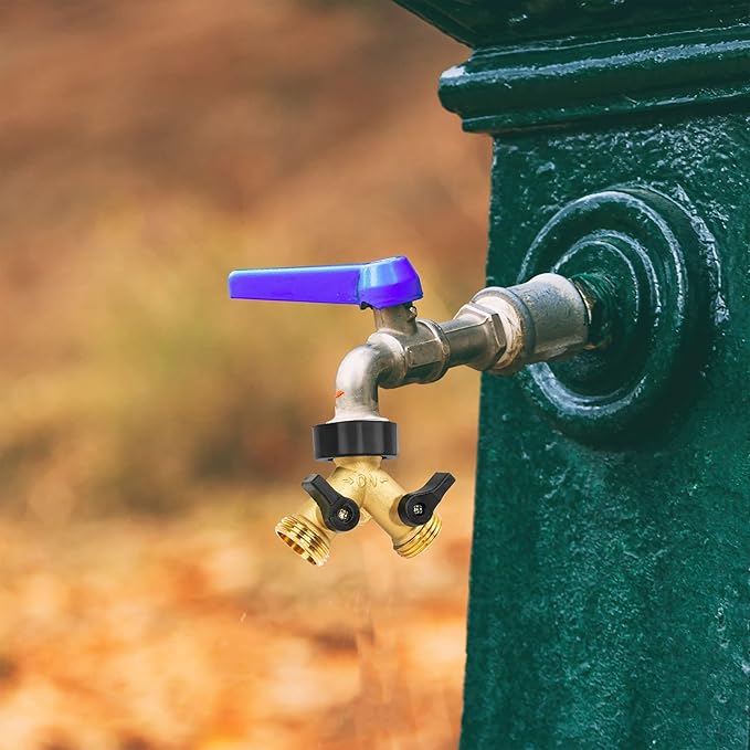 2 Pack Brass Garden Hose Splitter 2 Way, Hose Y Splitter 3/4 Inch Heavy Duty Brass Hose Connector Tap Splitter, Hose Spigot Adapter 2 Valves with Rubber Washers