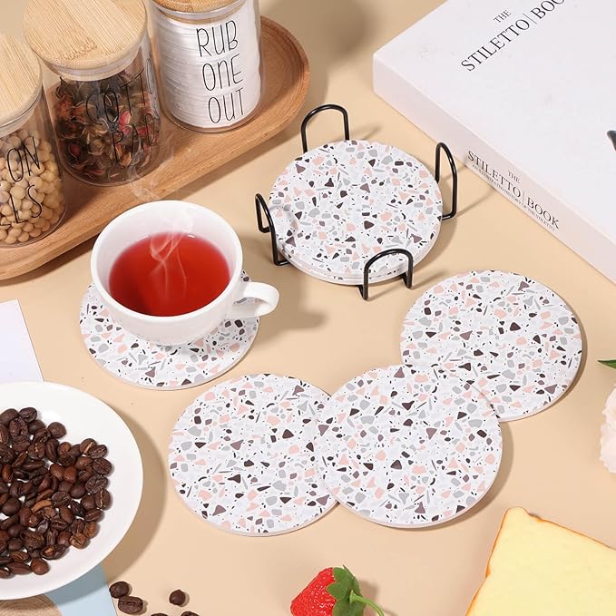 Acejoz Drink Coasters with Holder, Set of 6, Terrazzo Pattern, Ceramic, Round, 4 Inches
