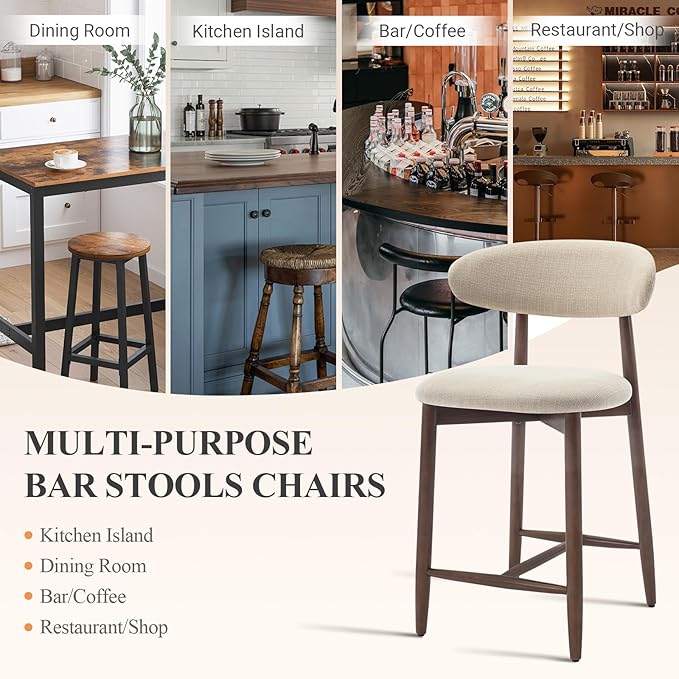 COLAMY Counter Height Bar Stools Set of 3, Kitchen Bar Stools with Back, Mid Century Modern Upholstered, with Wood Legs for Kitchen Island Dining Room, Beige