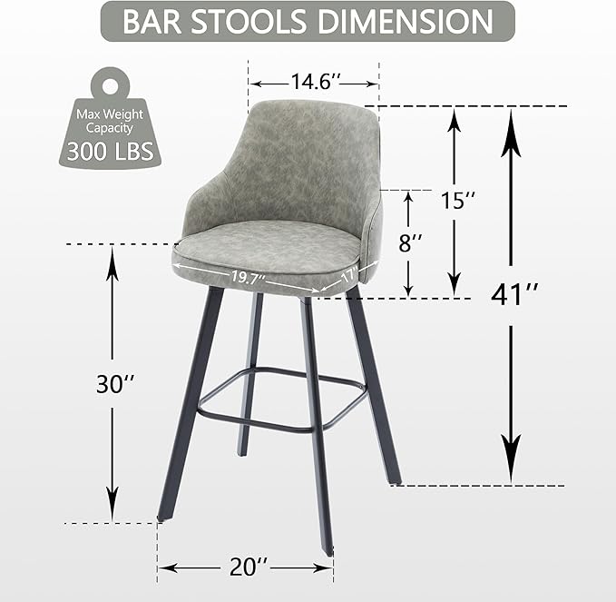 Bar Stools Set of 4, 30" Swivel Bar Height Bar stools with High Back, Faux Leather Kitchen Barstools Bar Height for Kitchen Island (Light Grey, 4PCS 30" Bar Stools)