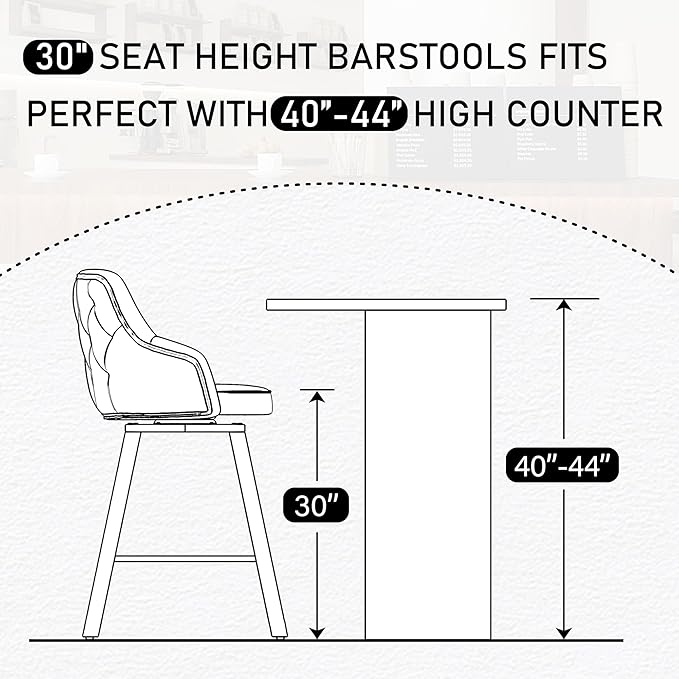 Bar Stools Set - 30" Swivel Bar Height with High Back Faux Leather Kitchen Barstools (Black, 3PCS)