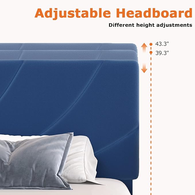 HOMBCK Queen Bed Frame with Adjustable Headboard, Bed Frame Queen Size with Linen Fabric Upholstered and Wooden Slats Support, No Box Spring Needed, Noise-Free, Easy Assembly, Blue