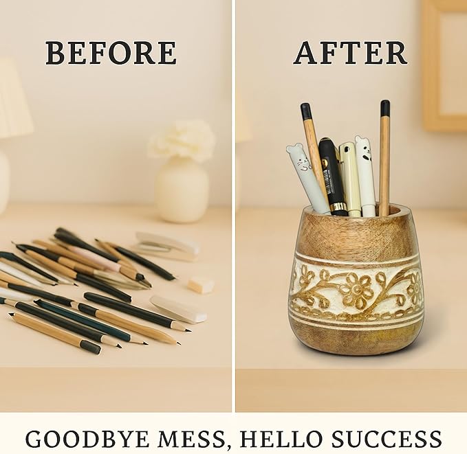 Mie Creations Designer Pencil Holder for Desk Wood | Paintbrush Holder Cup, Desk Accessories, Cute Make Up Brush Organizers | Office Desktop, Wooden Pen Stand | Stationary, Art Supplies | White-4''