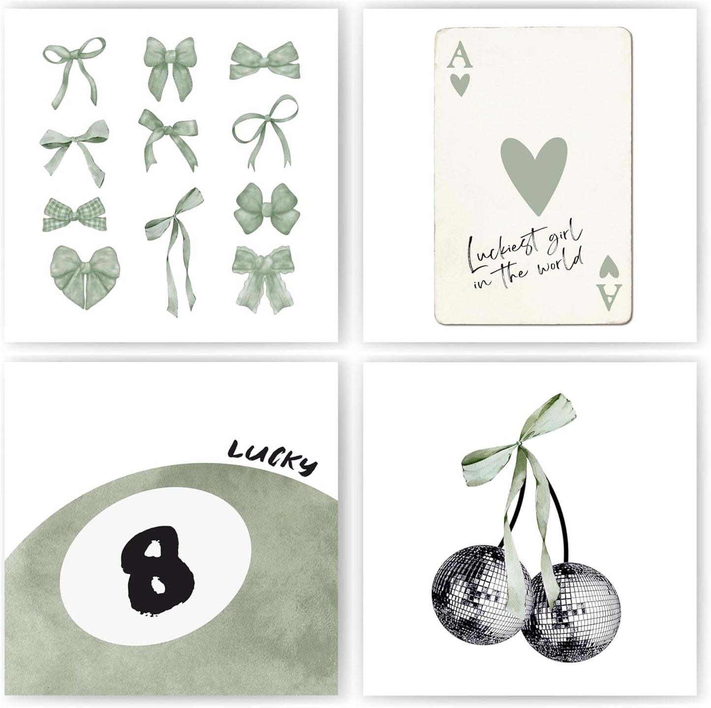 okaxscm Sage Green Coquette Trendy Preppy Wall Art Prints Set of 4, Coquette Preppy Room Decor Aesthetic, Green Bow Disco 8 Ball Cherry Wall Decor Posters for Girls Bedroom Dorm,10x10 Unframed