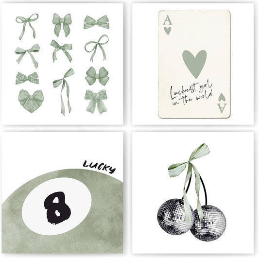 okaxscm Sage Green Coquette Trendy Preppy Wall Art Prints Set of 4, Coquette Preppy Room Decor Aesthetic, Green Bow Disco 8 Ball Cherry Wall Decor Posters for Girls Bedroom Dorm,10x10 Unframed