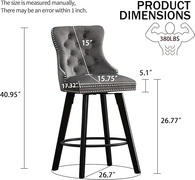 YISHENG Modern Swivel 27" H Seat Set of 6 Velvet Barstools with Backrest and Footrest,Button Tufted Rivet Trim Dining Room Chairs with Metal Pull Ring for Kitchen Island，Bistro, Home Bar，Gray
