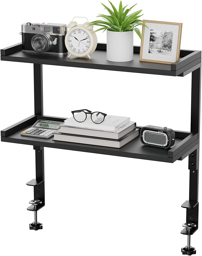 Clamp On Desk Shelf 2-Tier, 16.5 in Wood Shelving Unit for Office Desk/Gaming Accessories, Tabletop Book Storage Rack, Shelf for Top of Desk, Black