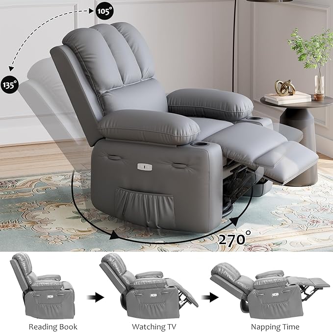 27" Oversized Power Recliner Chair, Faux Leather Rocking Chair with Heat & Massage, 360° Swivel Modern Electric Recliner with Cup Holder ＆ USB Charging for Living Room, Bedroom, Nursery - Grey