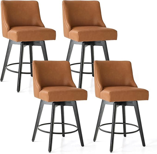 Vipbear Counter Height Bar Stools Set of 4, 26" H Swivel Bar Stools with Backs, PU Leather Upholstered Bar Chairs with Solid Wood Legs for Kitchen Island, Dining Room, Home Bar, Brown