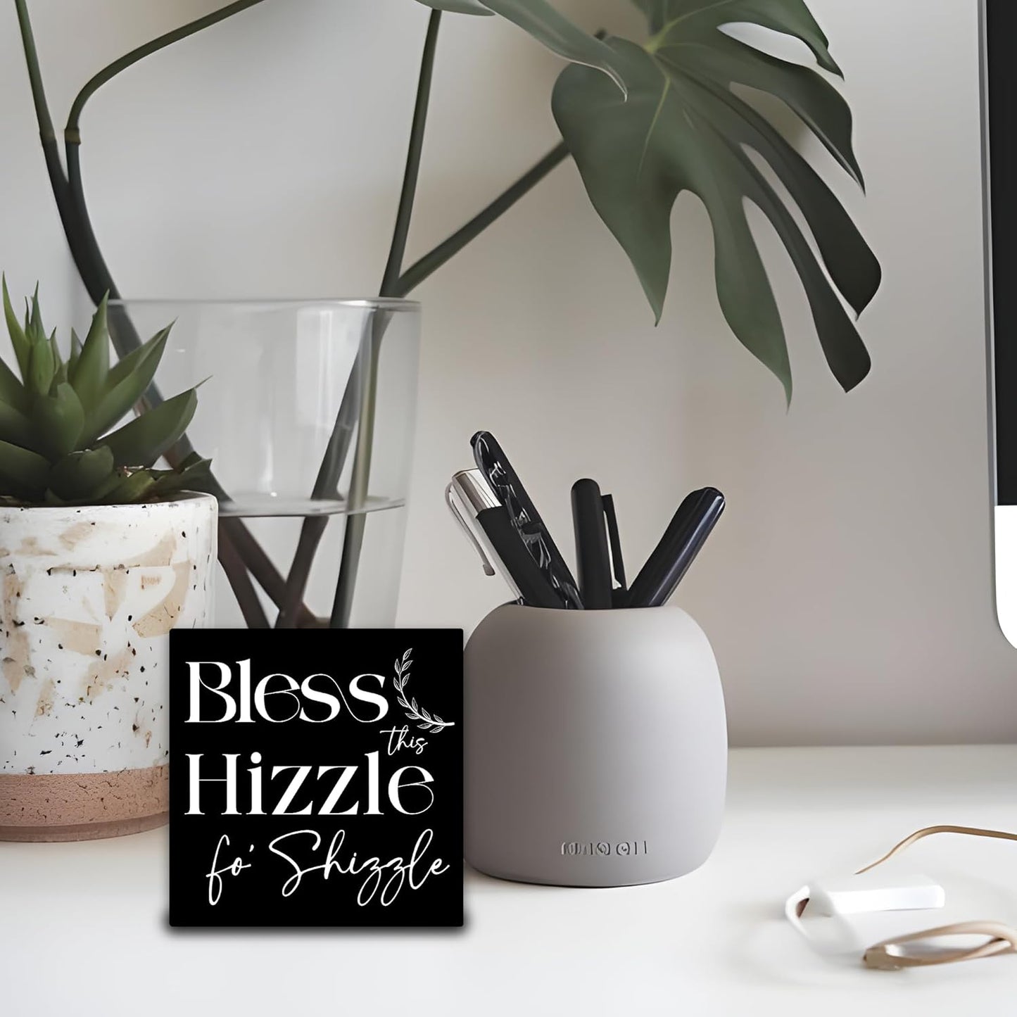Bless This Hizzle Fo Shizzle Wooden Block Plaque - Black Tabletop Sign Decor For Friend Family Coworker - 5"x5" Room Office Home Wood Block - Funny Desk Favors & Supplies - A10