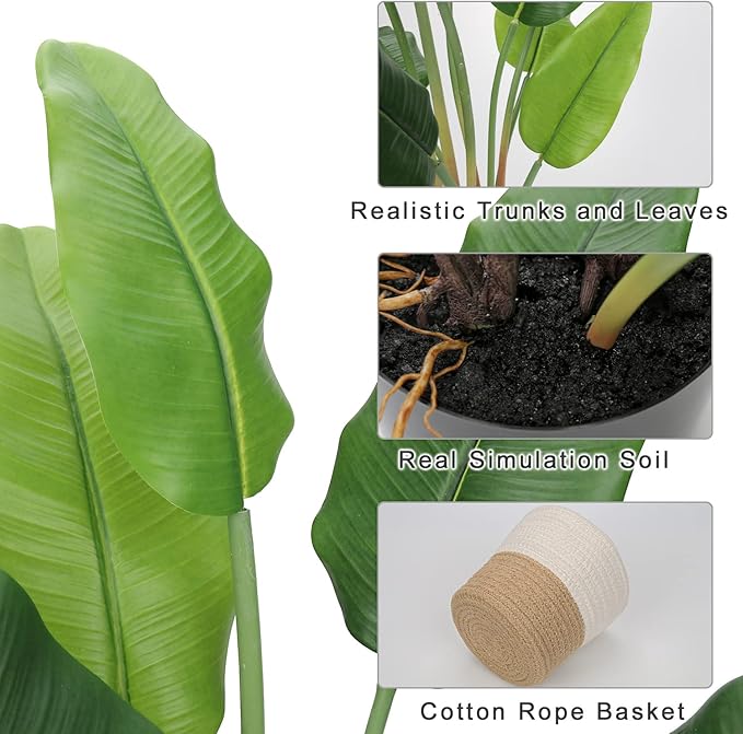 Hollyone 2pcs Large Artificial Bird of Paradise Plant in Pot, 30" Fake Palm Tropical Ferns Potted Plants, 2.6ft Faux Plantain Banana Leaf Plant for Indoor Outdoor Home Garden Decoration