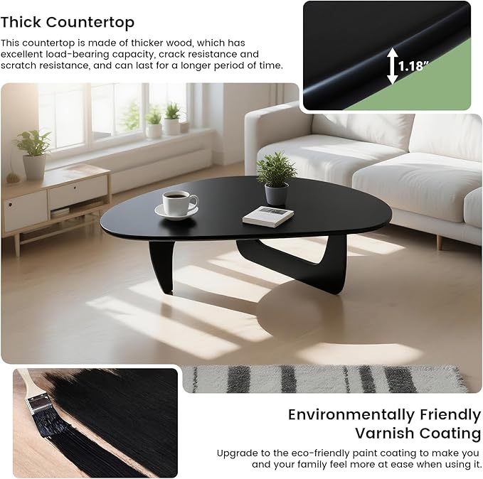 Solid Wooden Modern Triangle Coffee Table: Unique Funky Coffee Tables for Living Room, Oval Mid-Century Irregular Abstract Tea Tables for Patio Office Balcony Bedroom (Black, 35" L x 24" W x 16" H)
