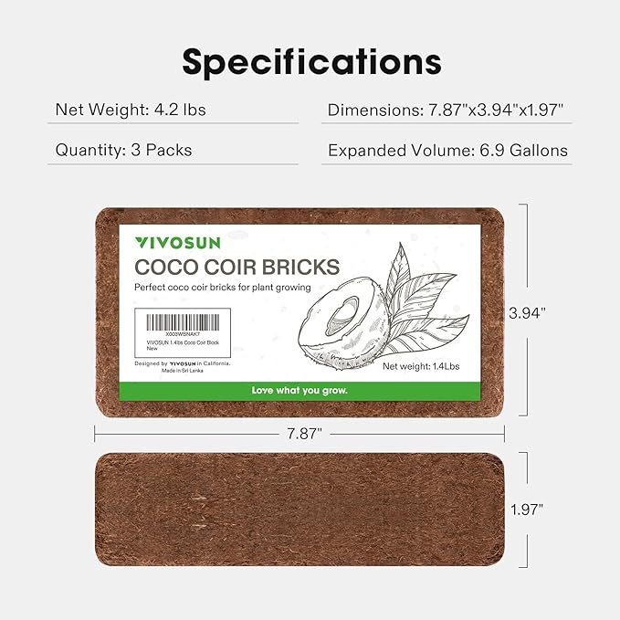 VIVOSUN Coco Coir Brick, 1.4lbs 100% Natural Organic Compressed Coconut Coir Fiber with Low EC, PH Balance & High Nutrition, Coconut Fiber Substrate, Coconut Soil for Plants, 3-Pack