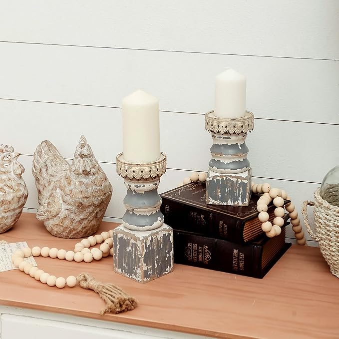 NIKKY HOME Farmhouse Pillar Candle Holder Set of 2 - Rustic Wood Decorative Candlesticks Pedestal, Centerpieces Decor for Fireplace Mantle Coffee Bar Dining Table, Distressed Grey