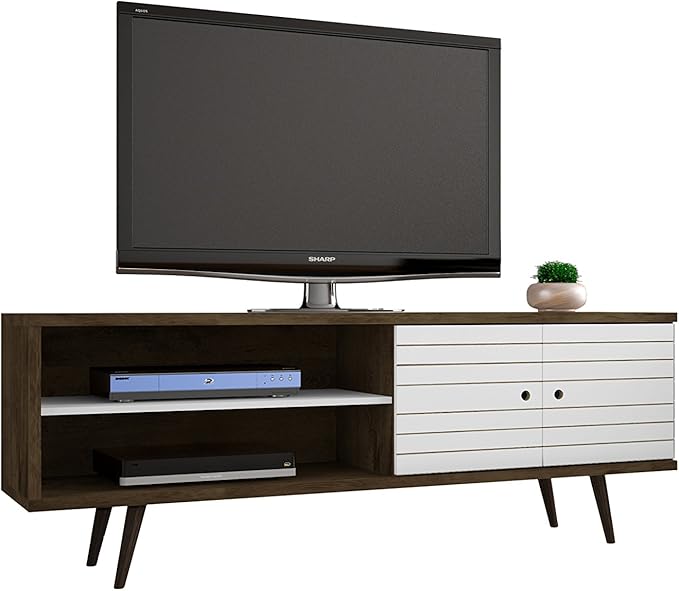 Manhattan Comfort Liberty Mid Century Modern TV Stand for Televisions up to 60 Inches, Bedroom and Living Room Entertainment Center with Storage, Shelves, and Cabinet, 63" Wide, Rustic Brown/White