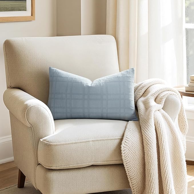 MIULEE Decorative Linen Check Lumar Throw Pillow Covers Neutral Farmhouse Vintage Pillow Covers 12x20 Set of 2 Boho Modern Home Decor for Sofa Couch Bedroom Cushion Coastal Blue