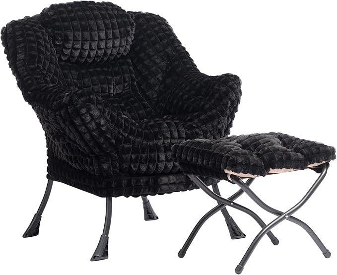 HollyHOME Fabric Lazy Chair with Foldable Ottoman, Accent Comfy Lounge Arm Chair and Folding Footrest Stool Set, Leisure Sofa Reading Chair and Footstool for Living Room, Bedroom, Dorm, Faux-Fur Black