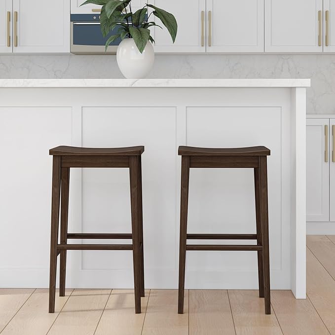 Plank+Beam Smythe Bar Stool, 30", Set of 2, Sturdy Wood Modern Kitchen Counter Height Stool, Saddle Seat Backless Counter Chair, Metal Footrest, Walnut