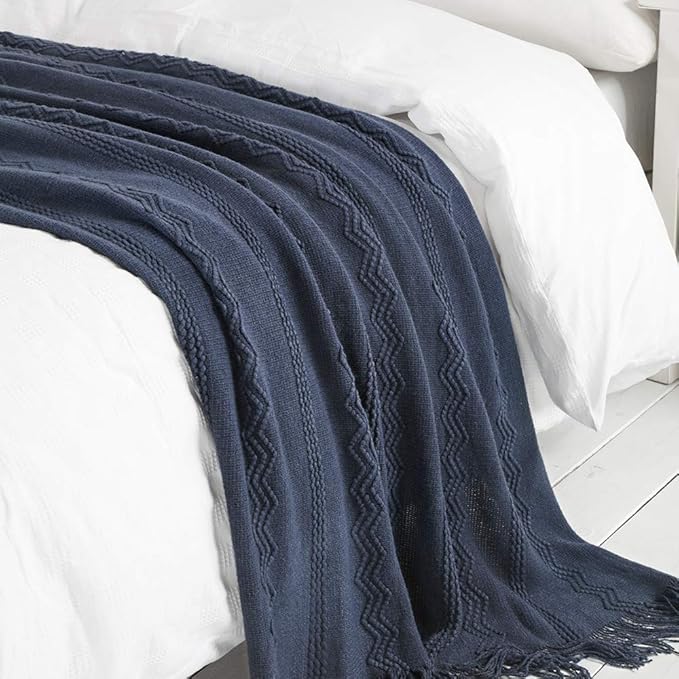 BOURINA Navy Throw Blanket 60x80 Inches Throw Textured Solid Soft Sofa Throw Couch Knitted Decorative Blanket