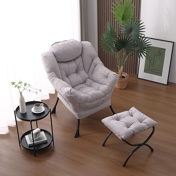 Welnow Lazy Chair with Ottoman, Modern Lounge Accent Chair with Armrests and a Side Pocket, Leisure Sofa Armchair, Reading Armchair with Footrest for Small Space, Light Grey